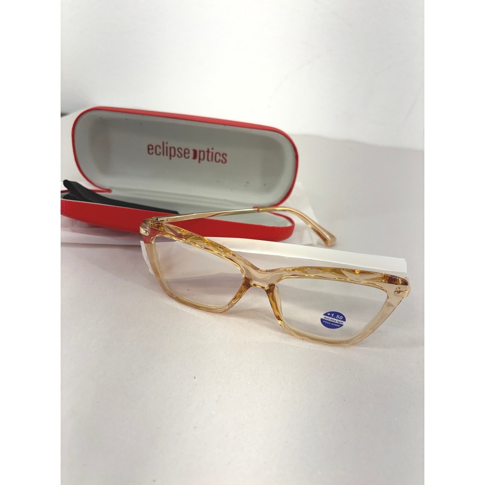 NEW Eclipse Optics Champagne Cat Eye Blue Light Reading Glasses +1.50‎ 55-20-140